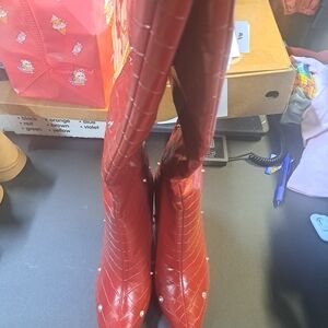 Red Croc-Embossed Knee-High Boots